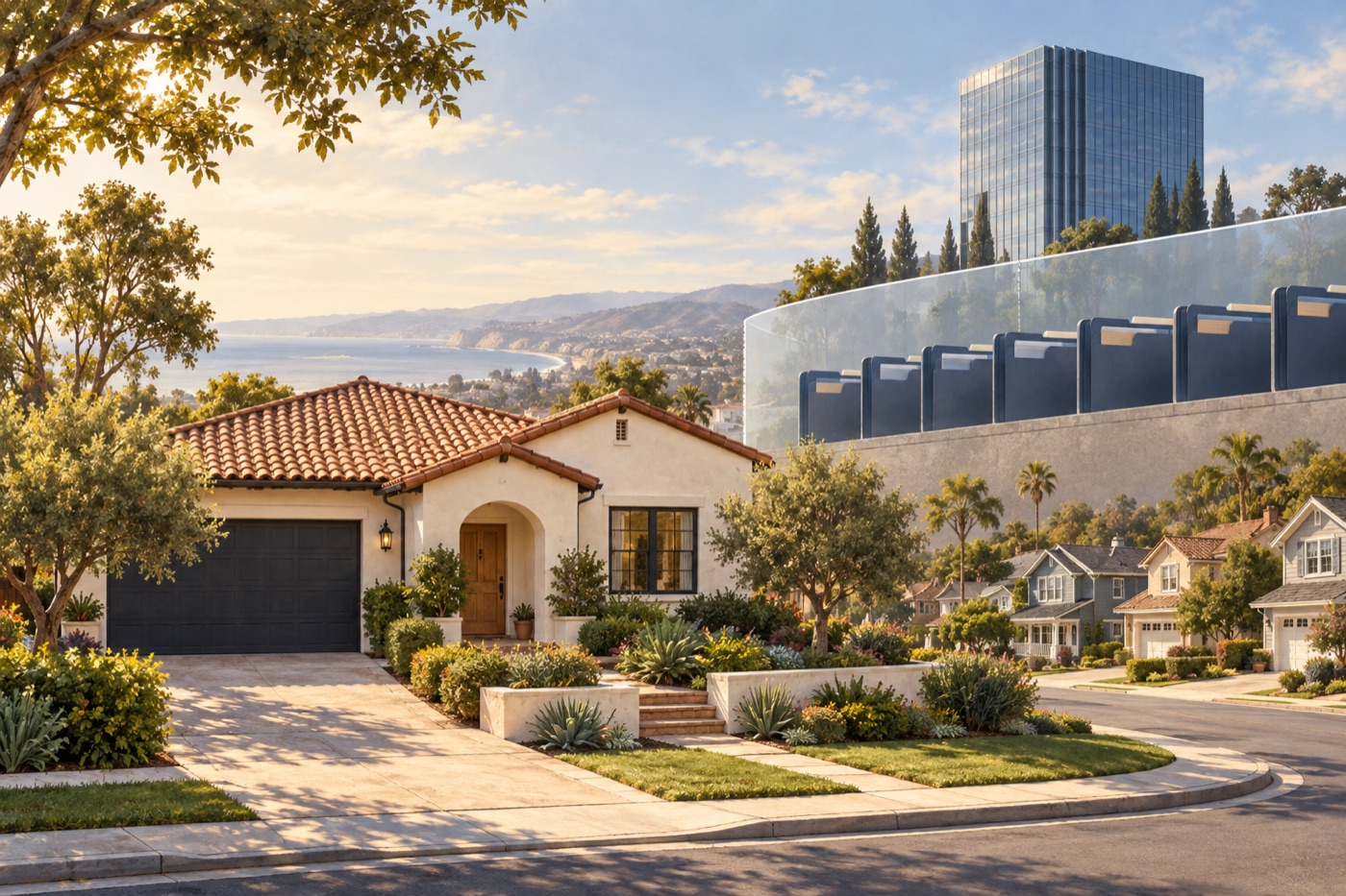An Orange County single-family home in the foreground while corporate portfolio folders remain behind a subtle boundary