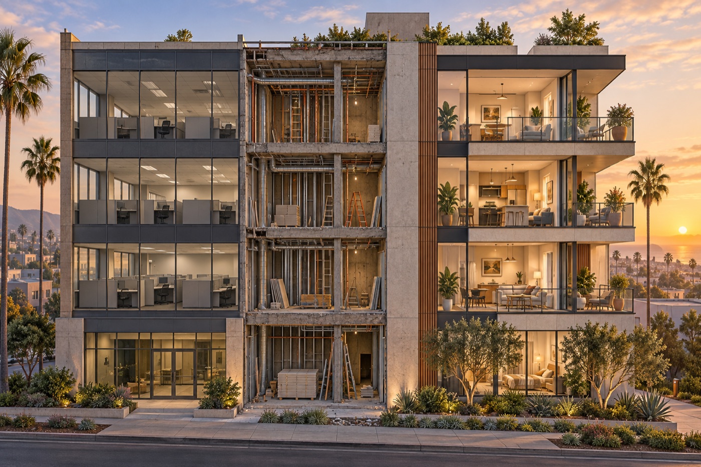 An empty Orange County office building shown in a realistic transition through construction to light-filled apartments