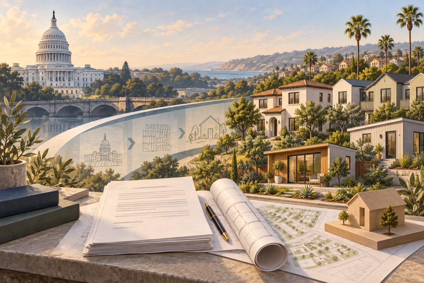 A visual bridge from the U.S. Capitol and federal policy documents to varied new housing in Orange County