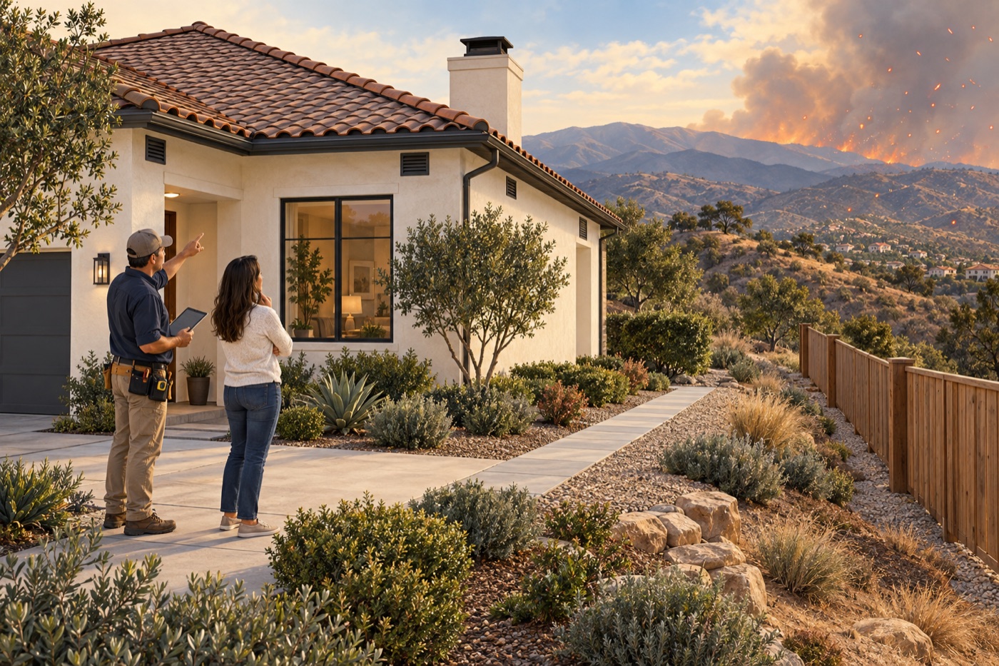 Orange County homeowner and contractor reviewing a hardened roof, ember-resistant vents and defensible space as wildfire embers remain in the distance