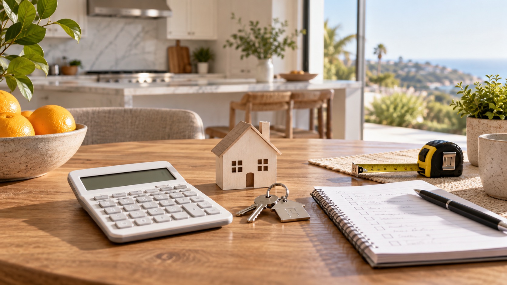 Calculator, house model, keys, blank budget page, and measuring tape on a sunny home kitchen table