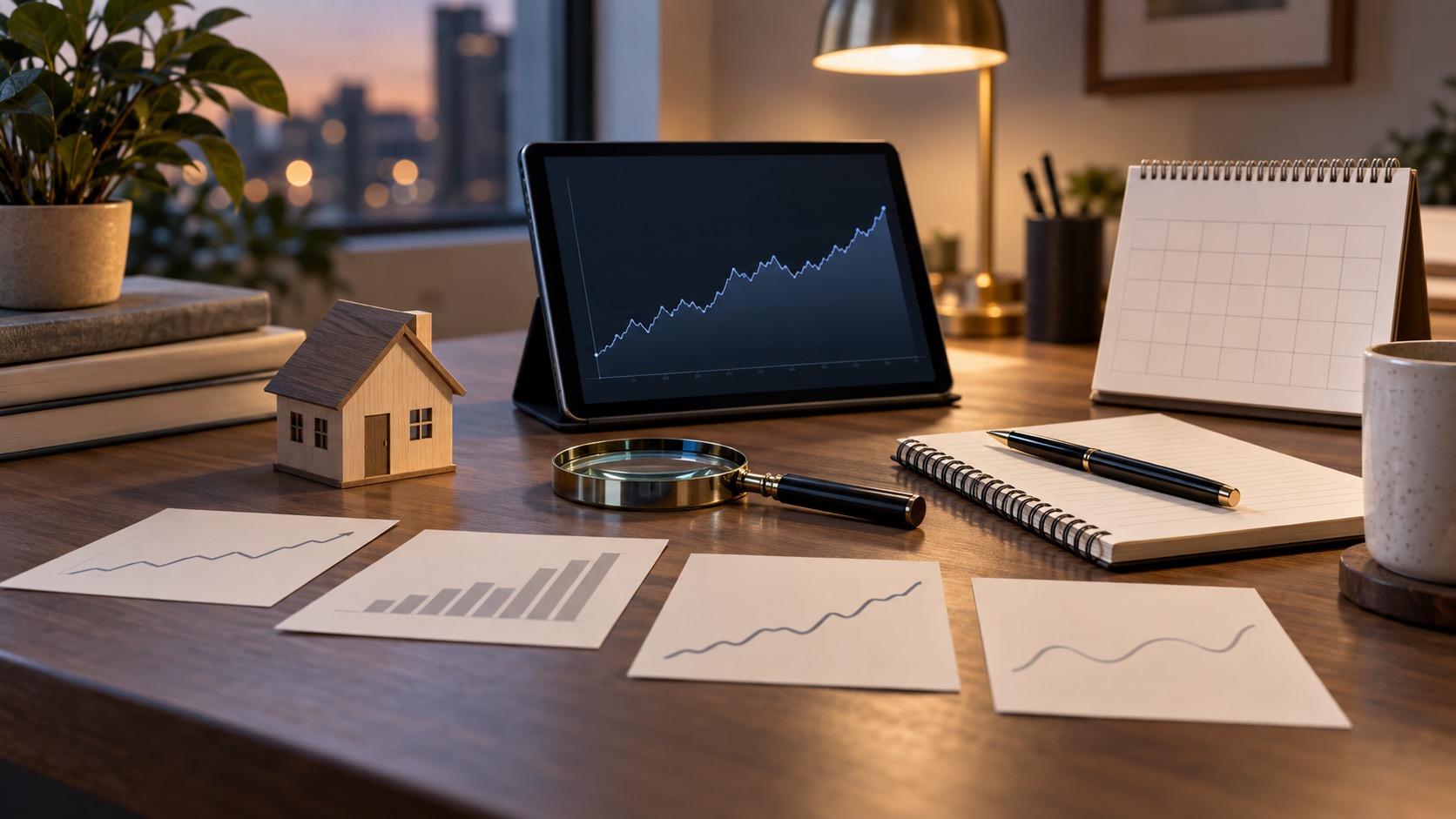 Home office research desk with a house model, magnifying glass, blank calendar, and abstract unlabeled market charts