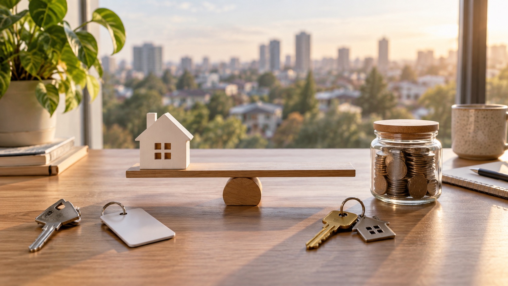 Paper house, savings jar, two types of keys, and a simple balance board on a sunlit planning desk