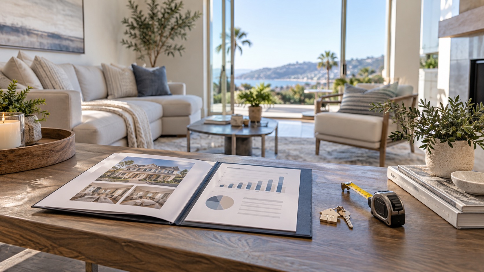 Staged coastal Southern California living room with listing presentation folder, measuring tape, and house keys