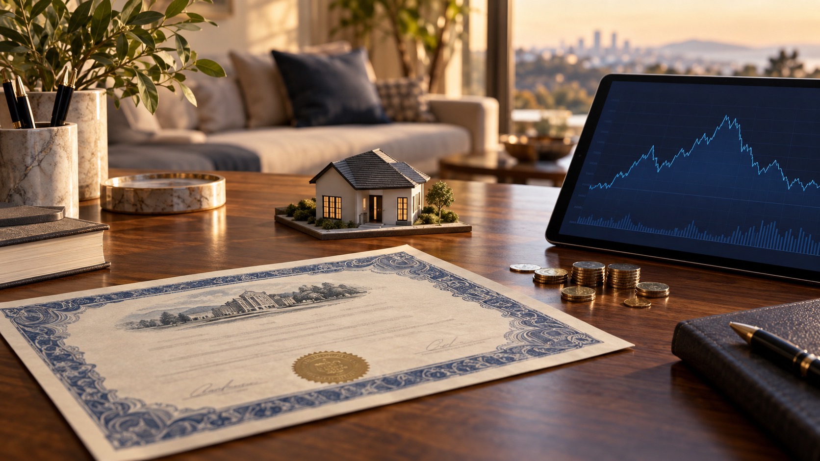 Abstract bond certificate, house model, coins, and a tablet with an unlabeled market line on a desk