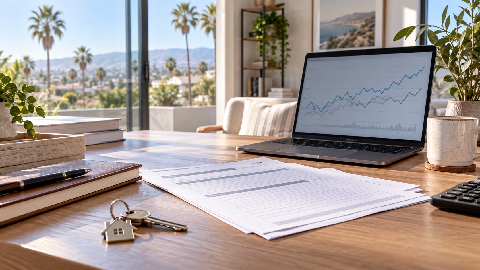 Mortgage worksheets, house keys, and a laptop displaying abstract market lines in a Southern California home office
